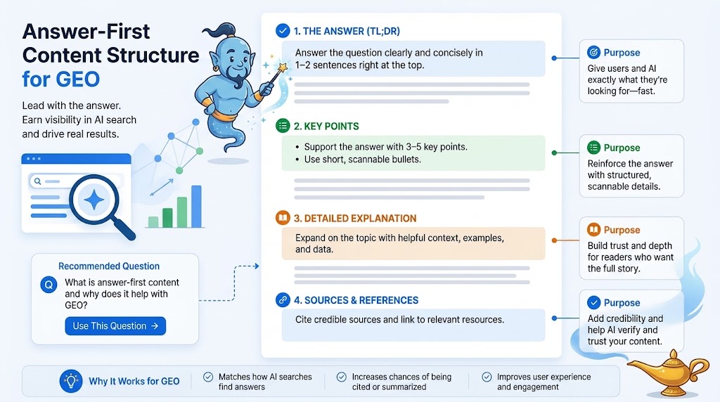 Answer-First Content Structure for GEO infographic with a blue genie mascot, outlining TL;DR, key points, detailed explanation, and sources for AI search.