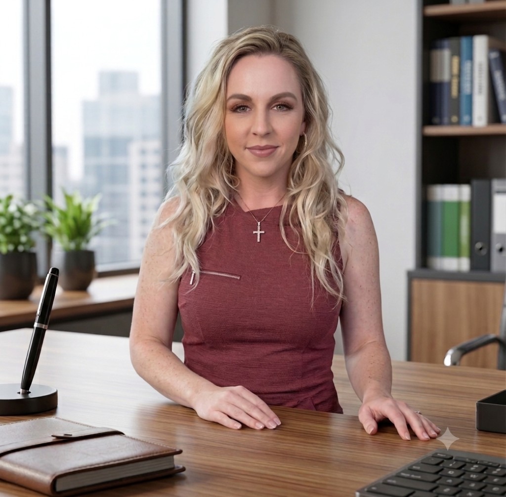 Kayla LaFleur, Founder and Author, seated at a desk in a professional office setting.