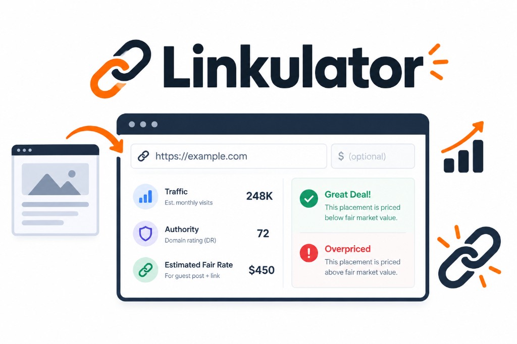 Linkulator branding graphic showing the link pricing calculator UI with traffic, authority, and fair-rate estimates plus Great Deal and Overpriced status badges.