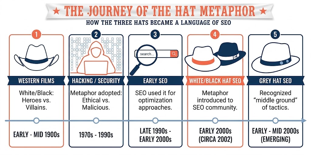 Timeline of the SEO hat metaphor from White Hat to Grey Hat to Black Hat