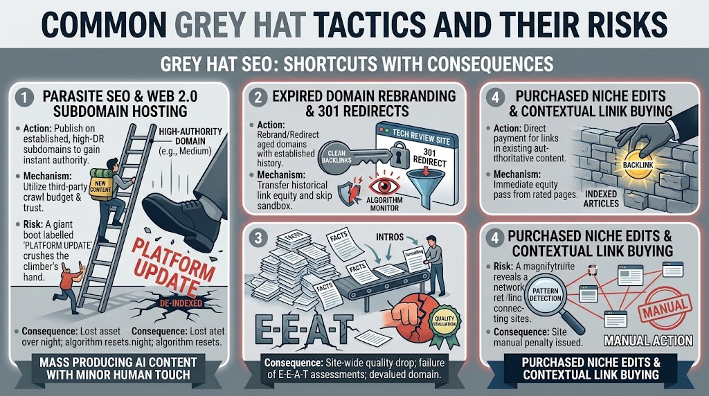 Diagram of common Grey Hat SEO tactics and associated risks