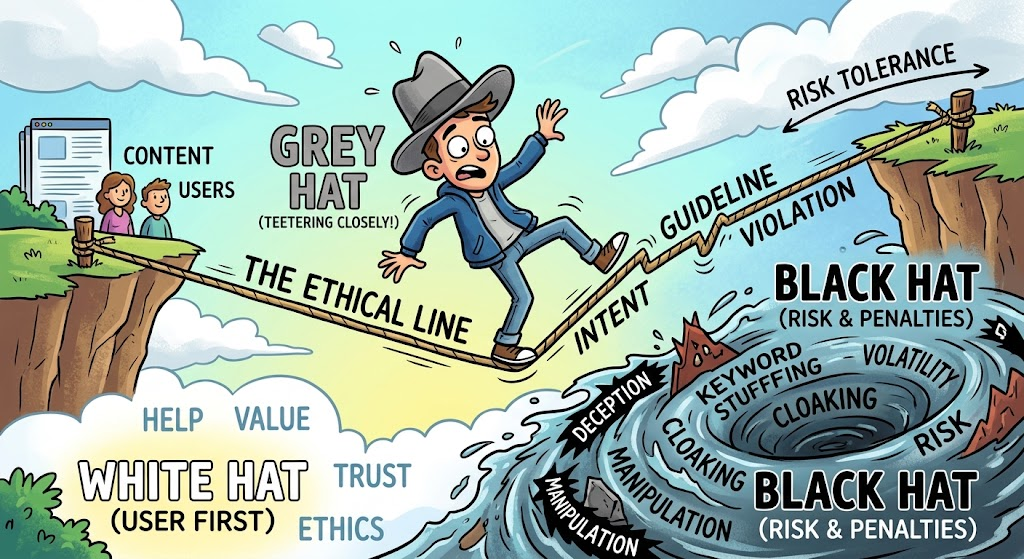 Illustration of the ethical line between Grey Hat and Black Hat SEO